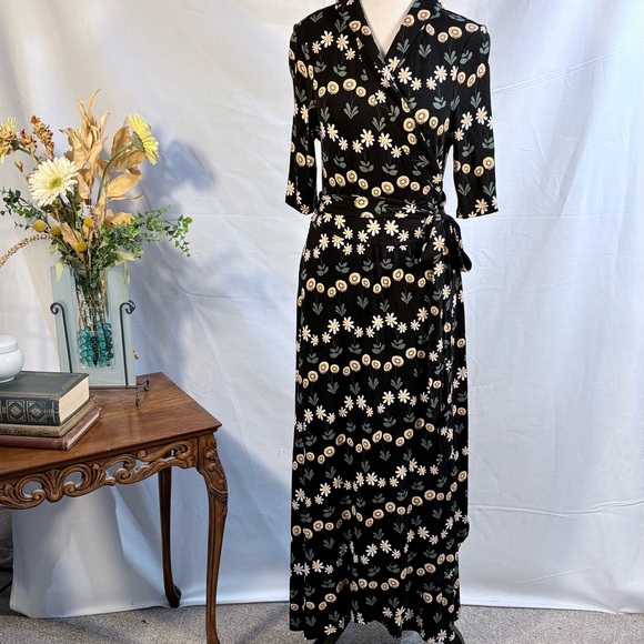 Boden Lavinia Jersey Floral Wrap Midi Dress Black Daisy Tie Waist Size 10💛 - Picture 10 of 10